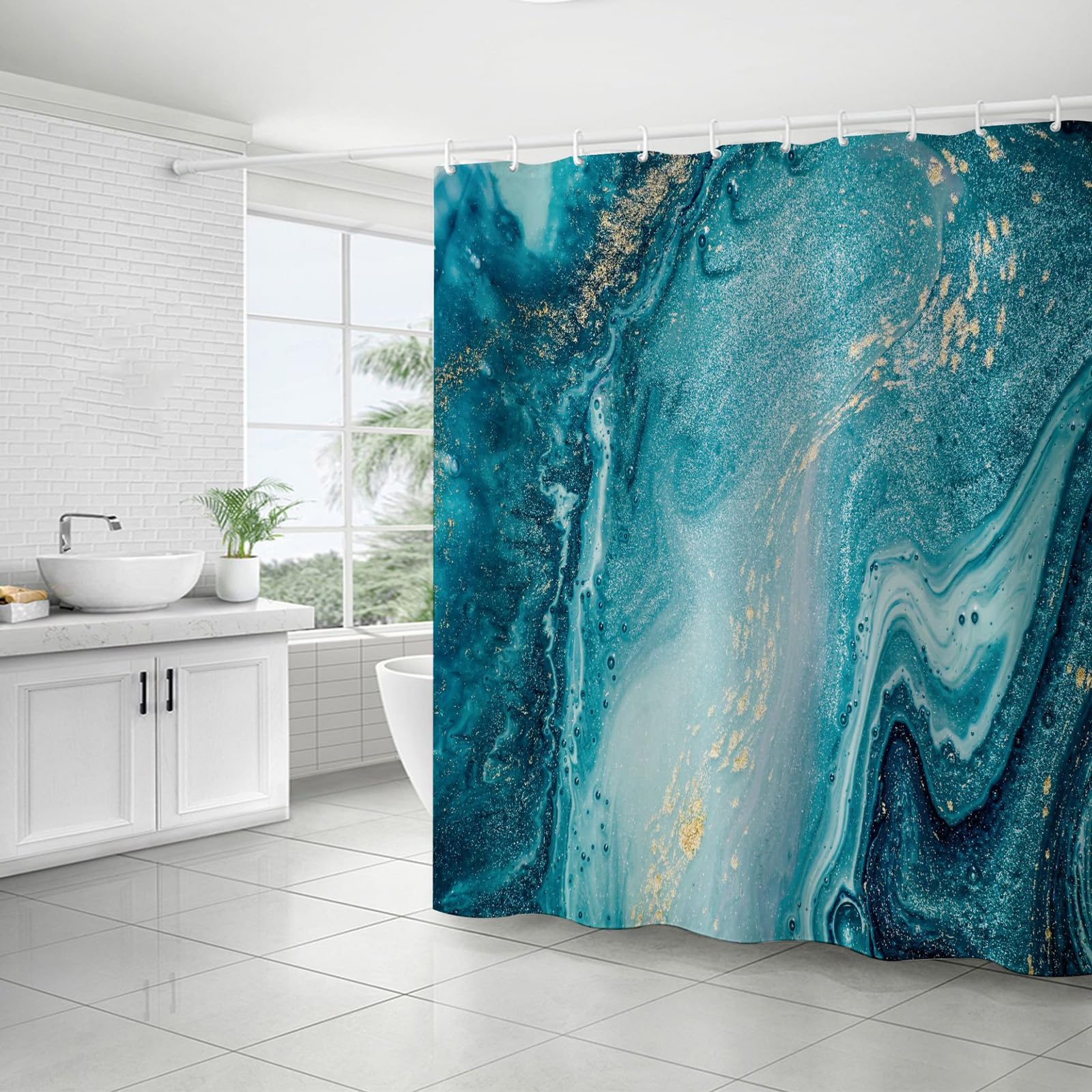 FAIRYGATE Bathroom Curtains Shower Turquoise Marble Shower Curtain Abstract Modern Luxury 180 x 180 cm Waterproof Mildew & Mould Resistant Polyester Fabric Bath Curtain with 12 Hooks B8920