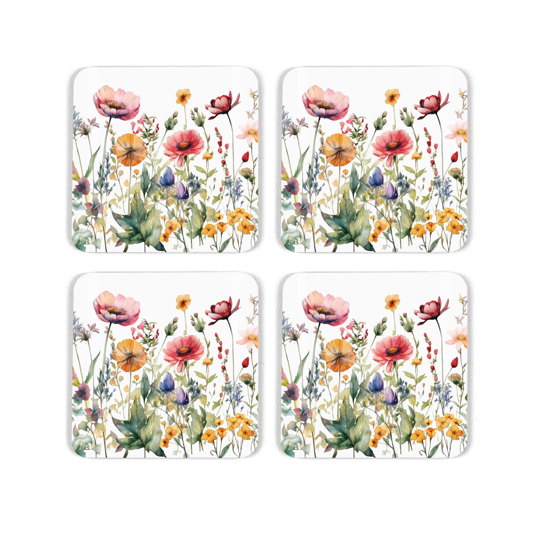 Wildflowers Coaster Set - Gardening Watercolour Flower Gift - Set of Four (4) Square Drinks Coasters