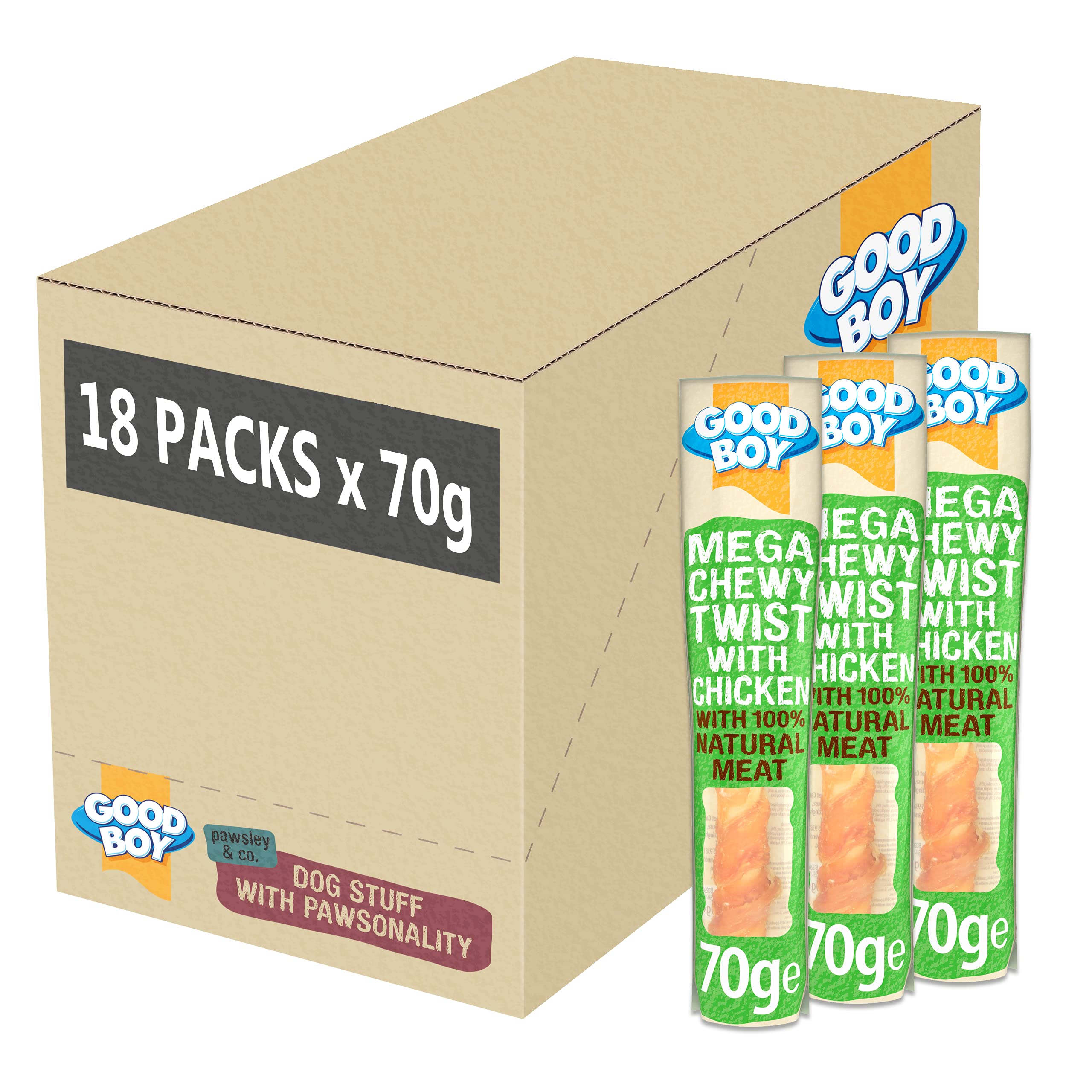Good Boy - Mega Chewy Twist - Made With 100% Natural Chicken Breast Meat - 70 Grams - High In Protein Dog Treats - Case of 18