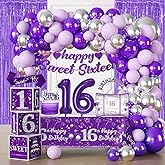 cocomigo 104pcs Sweet 16 Birthday Decorations for Girls, Purple Sweet 16 Party Decorations include Banner Balloons Balloons Box Tiara Sash Caketopper Guest Book Tablecloth Foil Fringe Curtain