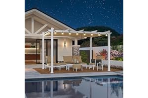 PURPLE LEAF 10' x 13' Outdoor Aluminum Pergola White Heavy-Duty Retractable Pergolas Patio Metal Pergola with Double Sun Shade Canopy and Light for Backyard Gardens Deck, Khaki