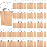 NINGWAAN Rectangle Wood Keychain Blanks, 60 Pieces, Unfinished Wooden Key Ring for Engraving, DIY Gift Craft
