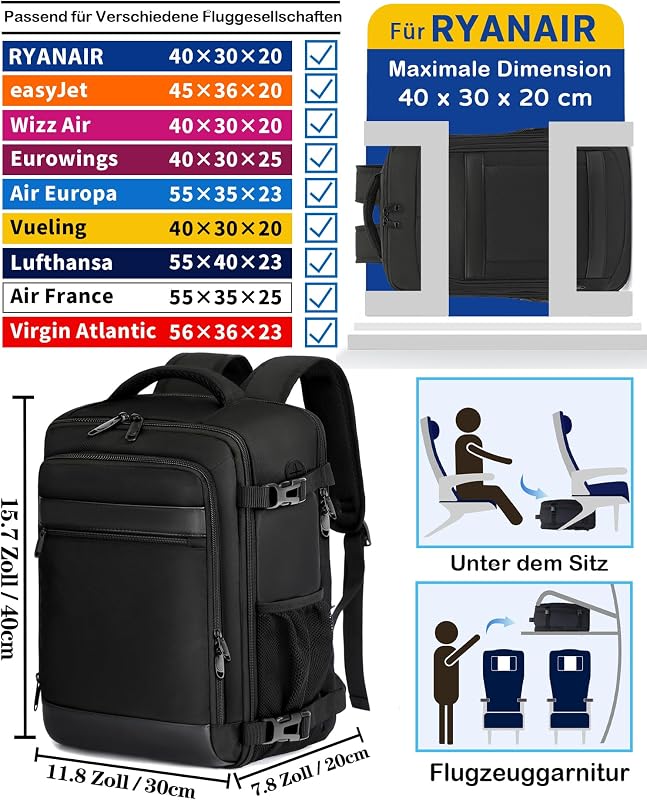 Handgepäck Rucksack 40x30x20 cm Travelite Reiserucksack 24L für Ryanair EasyJet Eurowings Flugreisen 15,6 Zoll Laptop, Schwarz
