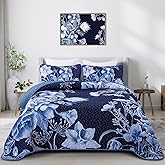 Floral Quilt Set Queen 3 Pieces Navy Blue Floral Quilt Coverlet Set Soft Microfiber Lightweight Navy Blue Quilted Bedspread for All Season 90"x96"