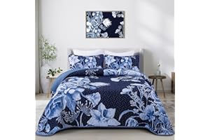 DRUCON Floral Quilt Set King 3 Pieces Navy Blue Floral Quilt Coverlet Set Soft Microfiber Lightweight Navy Blue Quilted Bedspread for All Season 104"x90"