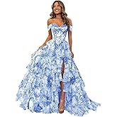 GATMAHE Off Shoulder Floral Print Prom Dresses for Women with Short Sleeves Tiered Chiffon Ruffle A Line Formal Dress