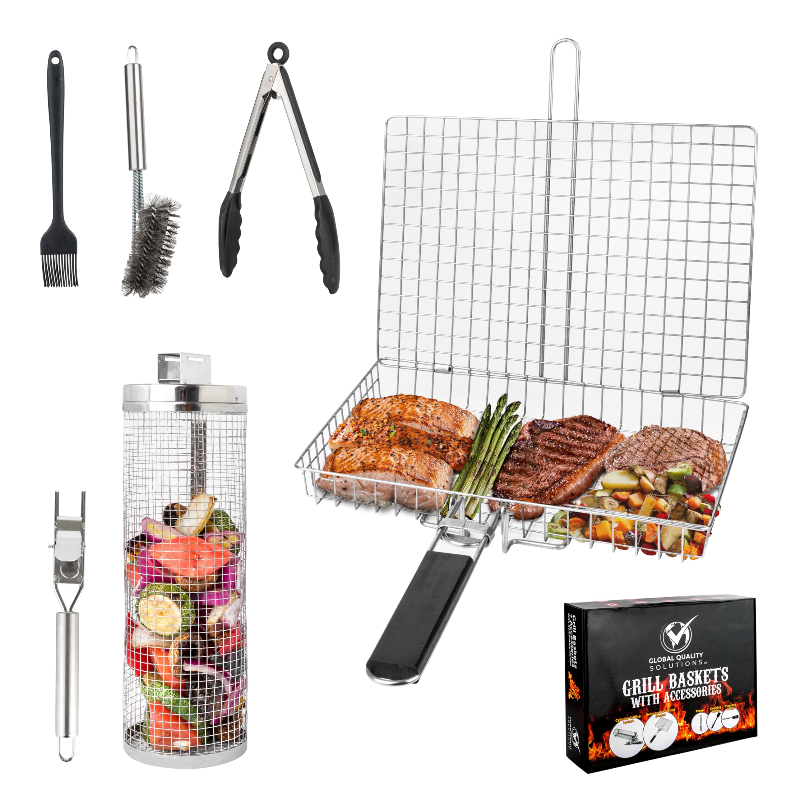 Photo 1 of Global Quality Solutions SR|Stainless steel Grill basket(s)(Set of 5 products)| Grilling basket(s) and grill accessories |Grill/Cook your steak, veggies, fish, chicken| Grill baskets for outdoor grill