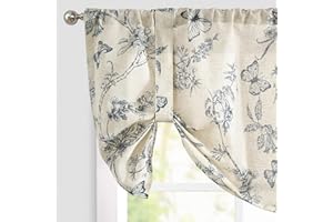 Lazzzy Blue Floral Tie Up Valance Curtain Linen Farmhouse Valance for Kitchen Living Room Bathroom Bedroom Country Valances Window Treatments Small Curtian 20 Inch Rod Pocket 1 Panel,Blue on Beige