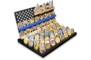 YUN RUI 11 Rows Challenge Coin Display, Removable Military Coin Holder Display with American Flag, Wooden Coin Display Case Rack Holds 95-106 Coins,Black