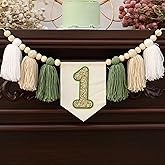 HODIHIWI Wild One 1st Green White Highchair Banner Handmade Wood Bead Tassel Garland Birthday Party Decorations For Baby Shower