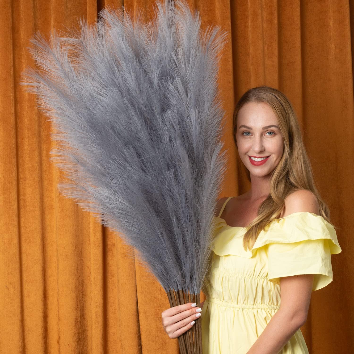 Dried & Preserved Flora - EVODIS Faux Pampas Grass 6 Stems, Artificial Pampas Grass - 43 inch Total Extra Large Pompass Grass Tall Pompous Boho Flower Arrangement and Floor Vase Filler Home Decor for Room Wedding Party (Grey)