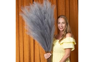 EVODIS Faux Pampas Grass 6 Stems, Artificial Pampas Grass - 43''/3.6FT Total Extra Large Pompass Grass Tall Pompous Boho Flower Arrangement and Floor Vase Filler Home Decor for Room Wedding Party (Grey)