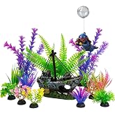 Ameliade Fish Tank Decorations &amp; Aquarium Plastic Plants Accessories Set | 13 Soft Artificial Plants, Floating Diver and Shipwreck Decor, Betta Goldfish Sunken Ship Fish Bowl Ornaments