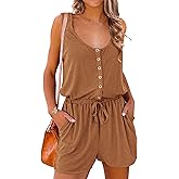 PRETTYGARDEN Women's Summer Casual Shorts Jumpsuit Plain Scoop Neck Button Down Sleeveless Tank Top Rompers With Pockets