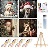 4 Packs Christmas Framed Paint by Numbers Kit for Adults with Wooden Easel | Gift Box,Retro DIY Painting by Number on Canvas,Oil Acrylic Christmas Paint Prezzie 8x8inch