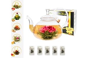 Flower Tea Gift Box Set - Includes A 750ml Heat-Resistant Glass Teapot with Filter Infuser and Five Premium Blooming Green Te