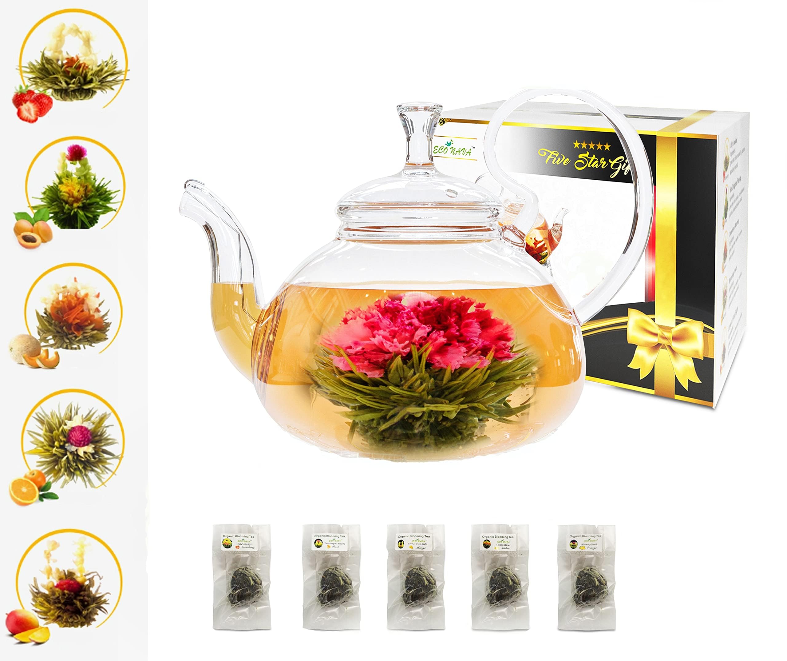 Five Star Gift Flower Tea Gift Box Set: 750ml Glass Teapot with Filter Infuser & 5 Blooming Flowering Green Tea Balls (1)