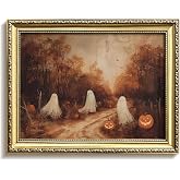 Vintage Gold Framed Halloween Wall Art, Cute Ghost Fall Wall Decor, Spooky Gothic Ghost Pumpkin Canvas Print, Autumn Forest Farmhouse Halloween Picture Decor for Living Room Bedroom 8x10in