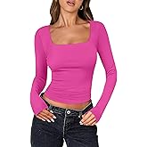 ANRABESS Women Double Lined Long Sleeve Crop Tops Shirts Square Neck Tight Fitted Going Out T-Shirt Basic Tee Outfits 2026