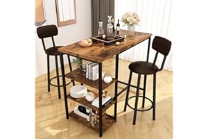 DKLGG Dining Table Set for 2, Counter Height Pub Table with 2 PU Leather Widen Backrest Bar Stools & 3 Storage Shelves, Bar Chairs Set for Small Space Kitchen, Dining Room, Bar, Brown