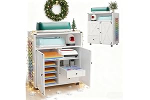 ARTETHYS Craft Organizers and Storage Cabinet White Craft Table with Drawer Sewing Table with Fold Out Craft Desk for Vinyl Roll Holder for Craft Room