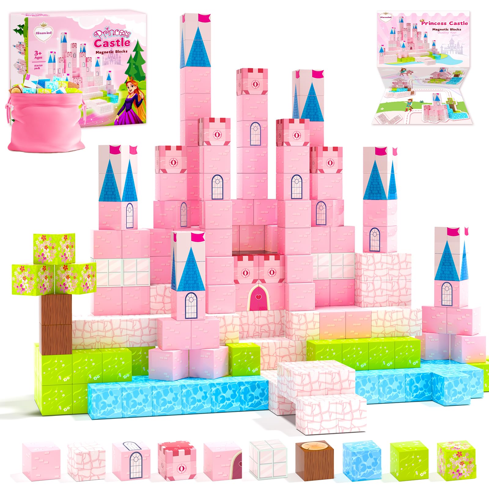 Hiwawind 64 Pcs Magnetic Blocks-Princess Castle Collection World,Magnetic Building Blocks for 3+ Year Old Boys & Girls, Creative STEM Sensory Toys,Christmas Birthday Gifts for Kids Ages 3-8