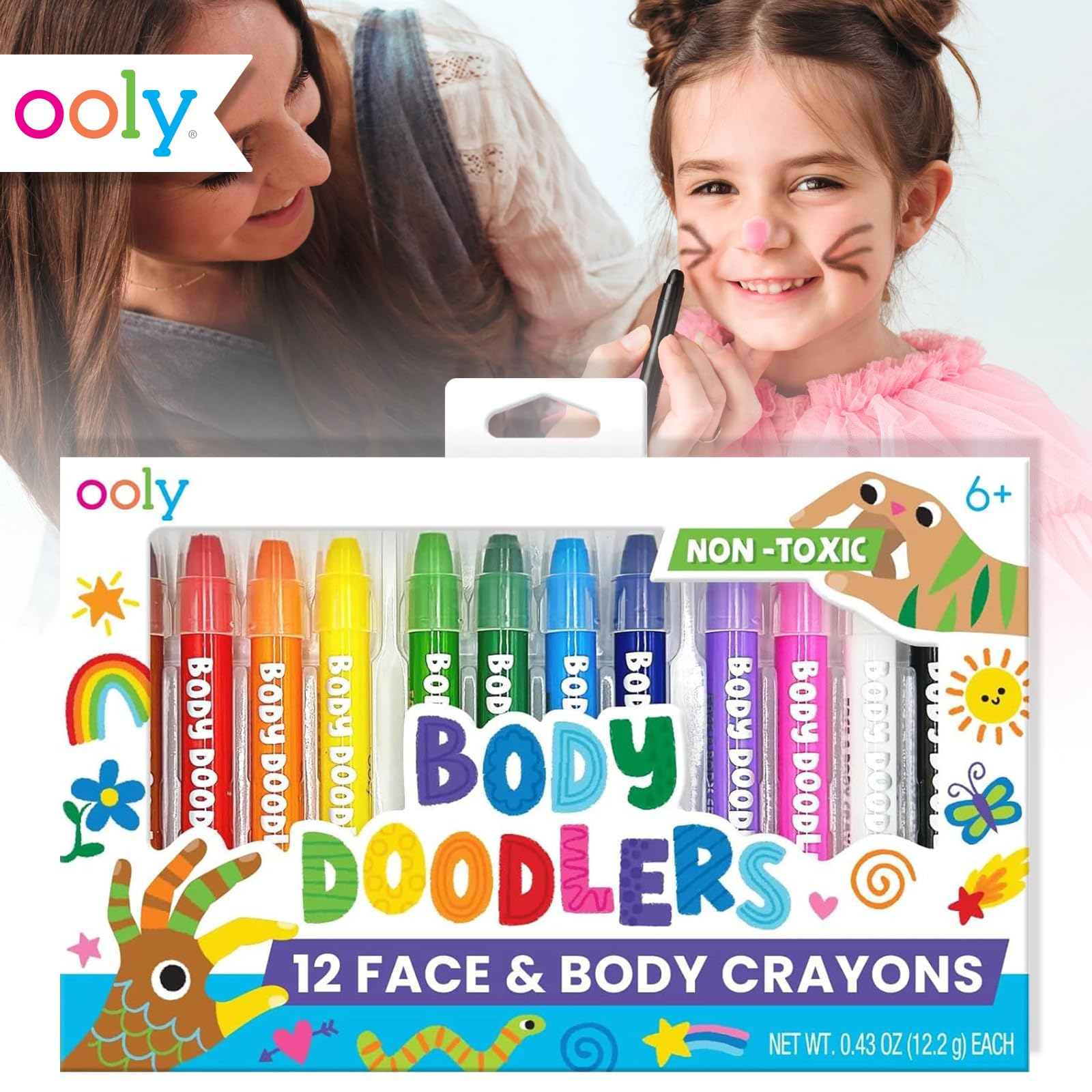Ooly Body & Face Paint Crayons, 12 Colors, Skin Safe Paint Stick Twist Crayons for Face Painting Parties, Great Body Painting Kit, Summer Crafts for Kids