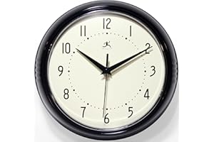 Infinity Instruments LTD. Retro 9 inch Silent Sweep Non-Ticking Mid Century Modern Kitchen Diner Wall Clock Quartz Movement Retro Wall Clock Decorative (Black)
