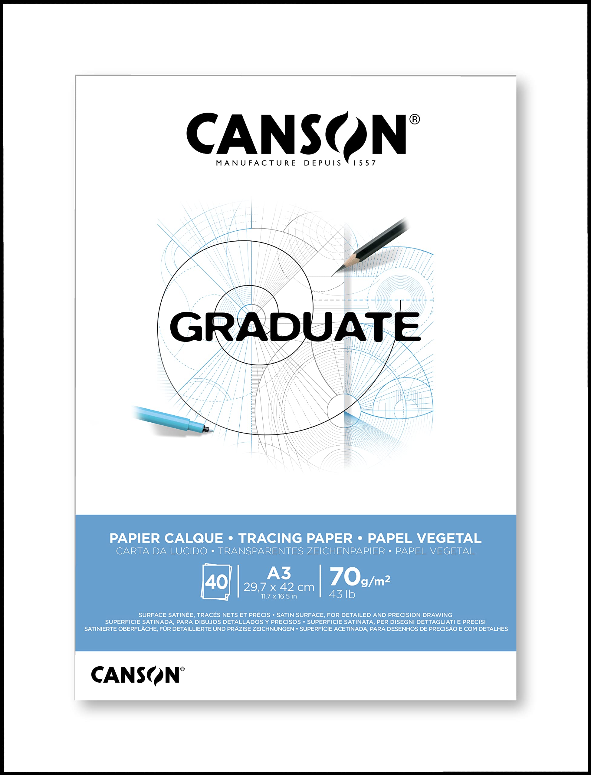 CANSON Graduate Tracing Paper Pad A3, 70gsm 40 Sheets, Lettering, Illustration & Drawing, for Student Artists