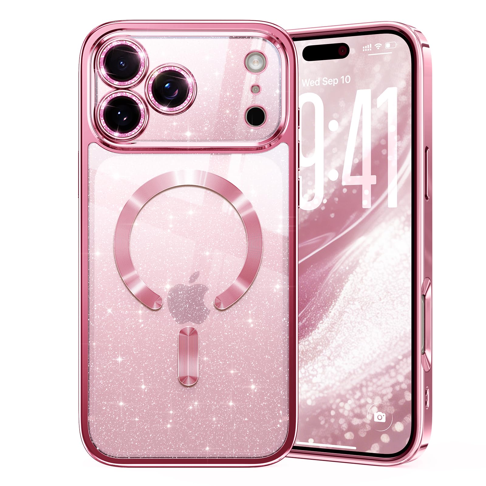 Photo 1 of Glitter for iPhone 17 Pro Max Case with Eye-catching Integrated Lens Protection, [Sparkly Bling Back Panel] [Seamless Work with Magsafe] Cute Women Girly Magnetic Case for iPhone 17 Pro Max 6.9" Pink