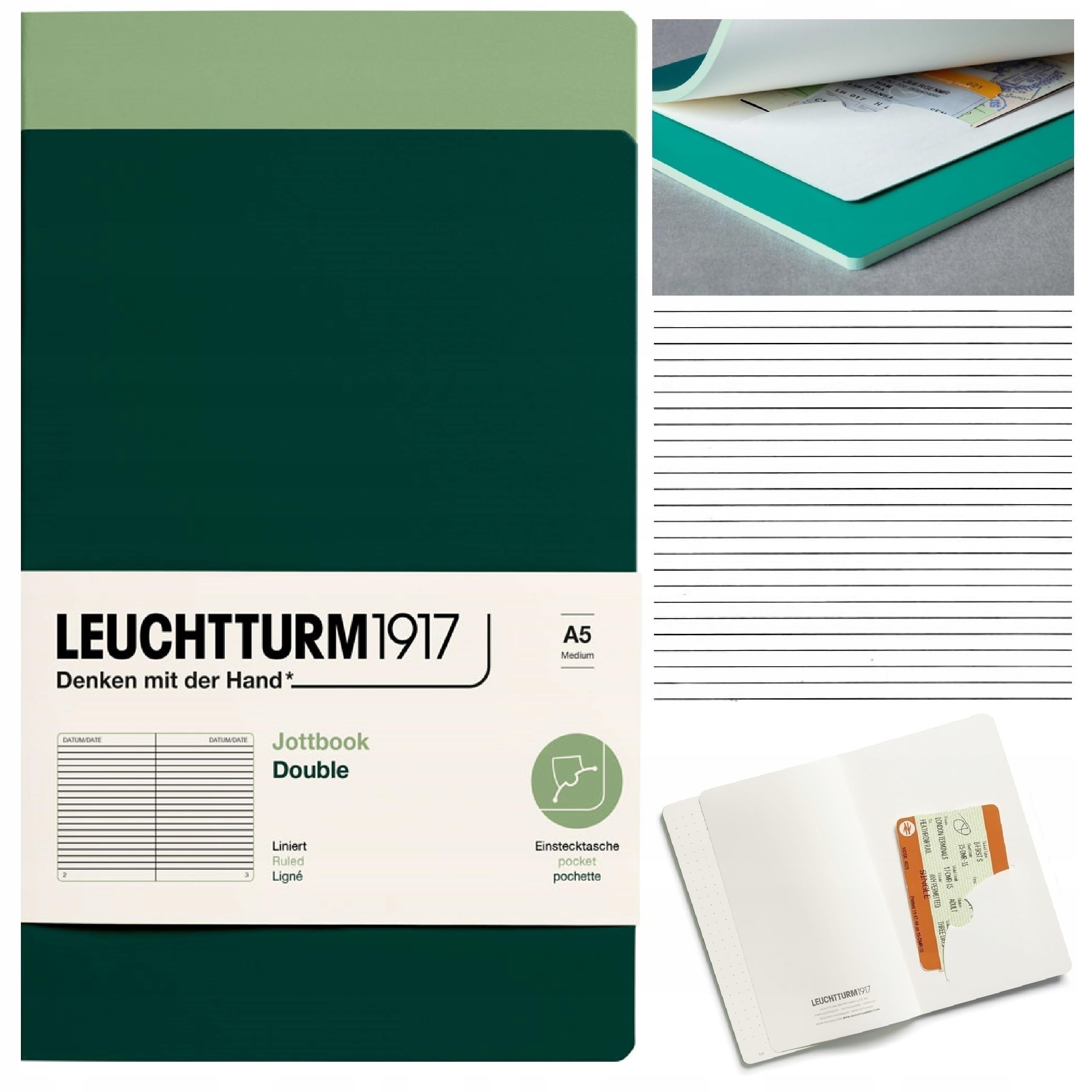 LEUCHTTURM1917 368182 Jottbook (A5), 59 Numbered Pages, Ruled, Sage and Forest Green, Pack of 2