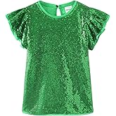 Noomelfish Girls Short Sleeve Sequin Shirts Party Glitter Sparkly Tops Blouse (5-12 Years)