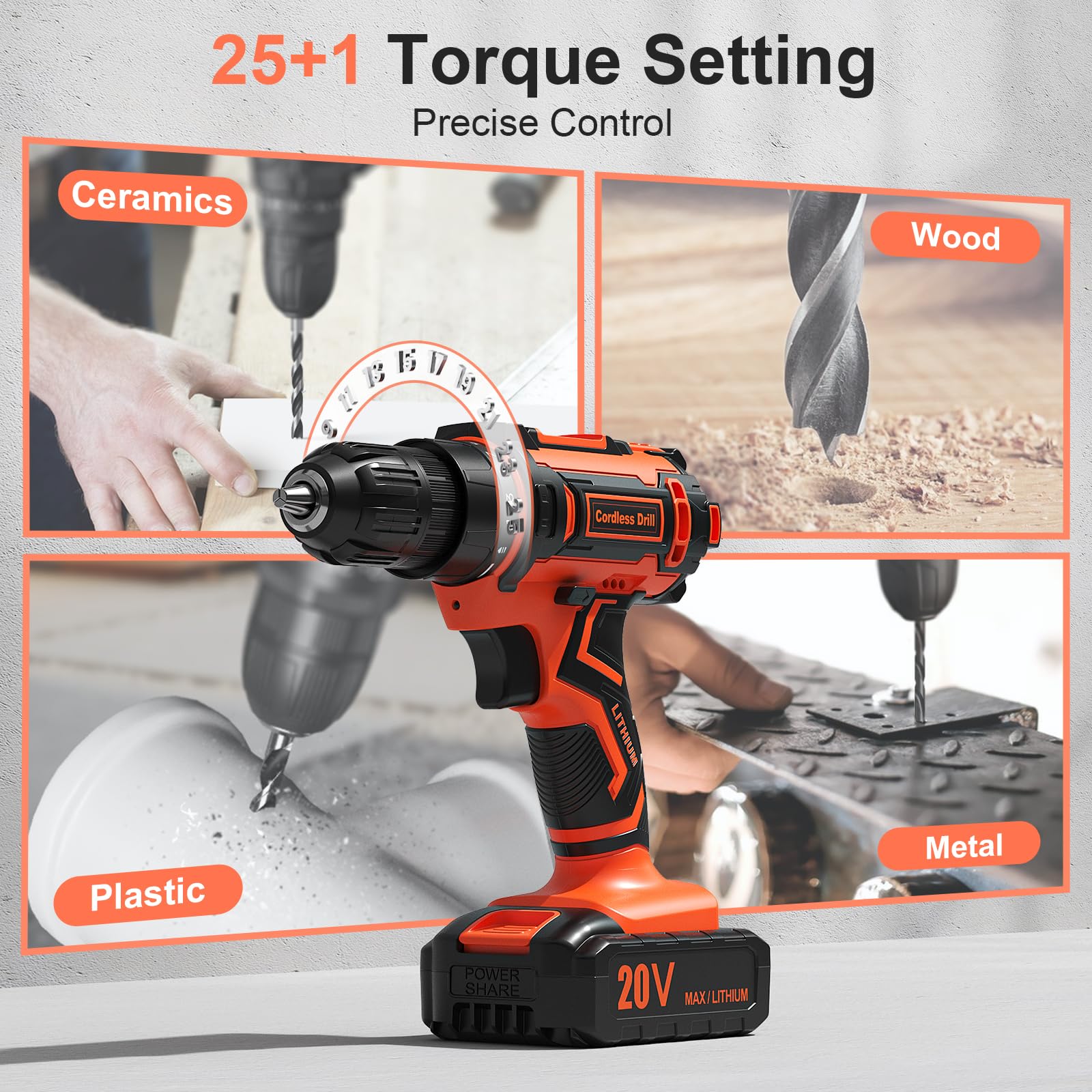 Cordless Drill Set, VIWKO 20V Power Drill with Power Pack 2.0Ah and Charger, 3/8-Inch Keyless Chuck Electric drill, 25+1 Position, 42pcs Drilldriver Bits/Screws for DIY Projects (Orange)
