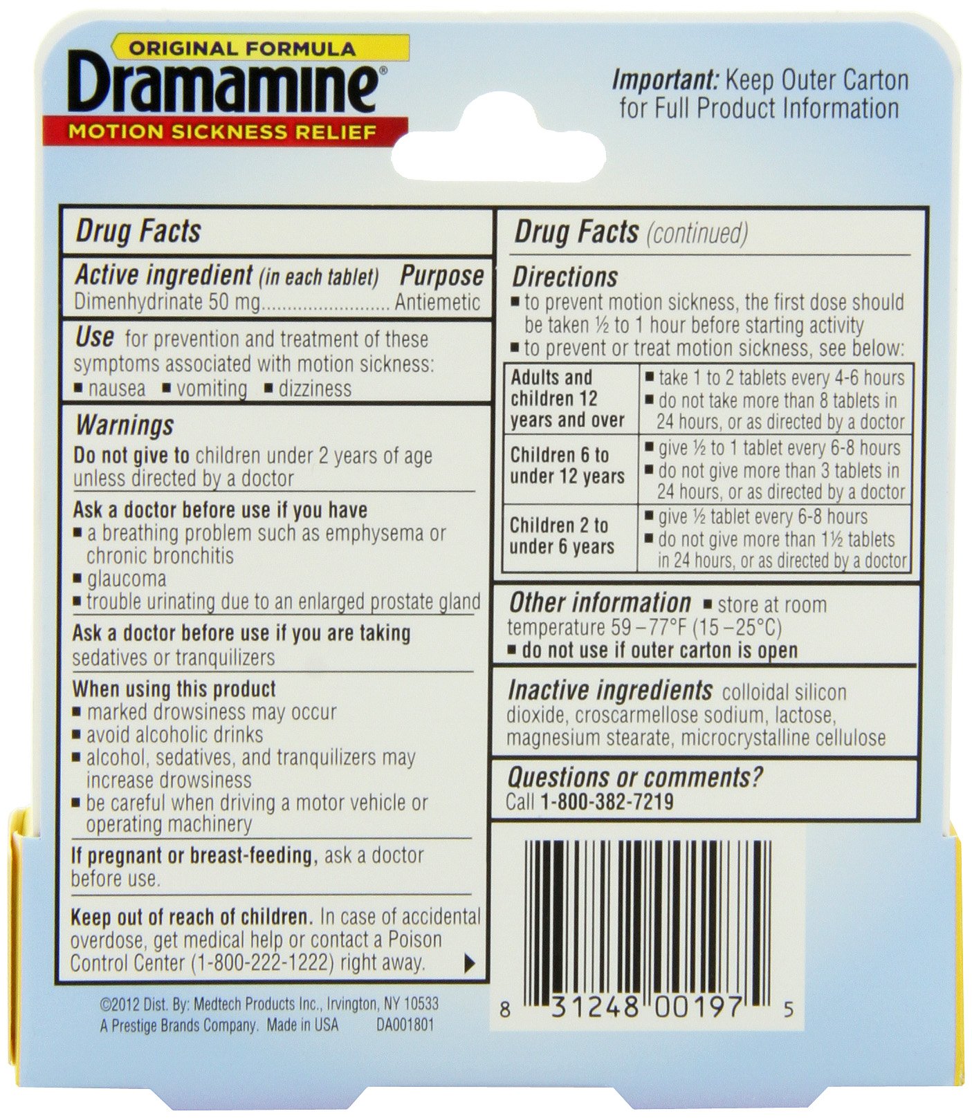 Dramamine Motion Sickness Relief Original Formula, 50 Mg, 12 Count on