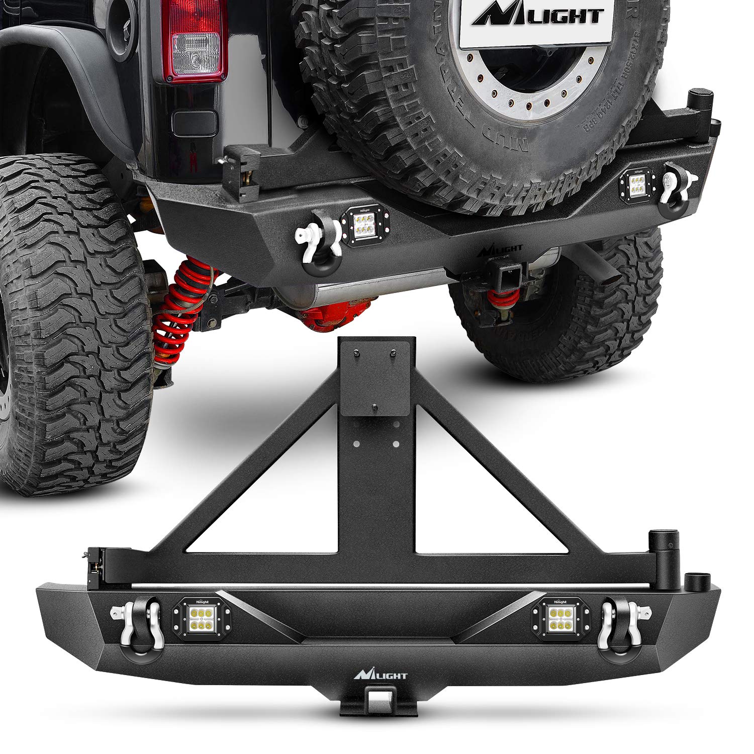 Nilight Parachoques trasero y estante para neumáticos de repuesto y receptor de enganche con 2 luces LED compatibles con Jeep Wrangler JK 2007-2018 para Jeep Wrangler JK y Unlimited 2007-2018