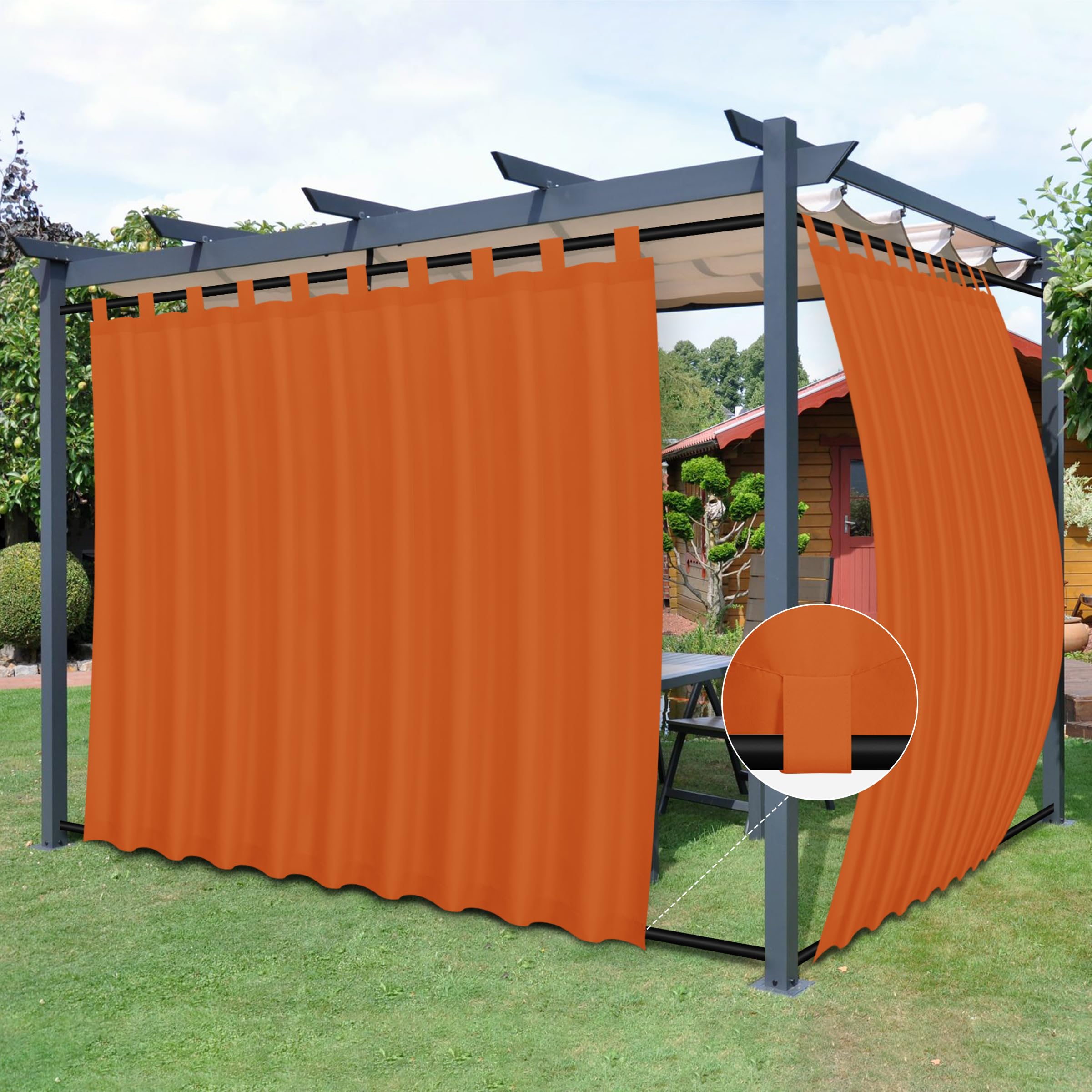 Easy-Going Outdoor Patio Curtains Detachable Tab Top Windproof Weatherproof Curtain for Cabana, Porch, Pergola and Gazebo, Tab Bottom Drape, 2 Panels, 110W x 108L inch, Orange Image
