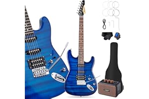 Leo Jaymz 39" Full Size ST Style Electric Guitar Starter Kit with SSH Pickup, 5W Portable Amp, Tuner, Gig Bag, Strap & Accessories(Blue Flame 5W)