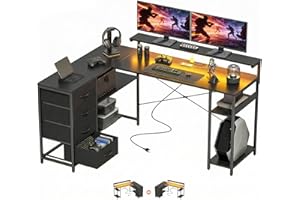 HOMCOM 61" L-Shaped Gaming Desk, Reversible Computer Desk Workstation with Power Outlets, LED Lights, 4 Drawers and Monitor S
