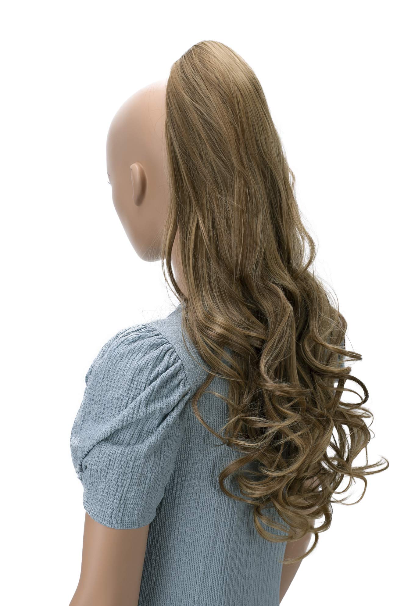 CAISHA 24" Long Hair Clip On Ponytail Extension Heat-Resistant Synthetic Hairpiece Slightly Wavy Light Brown Blonde Mix H515