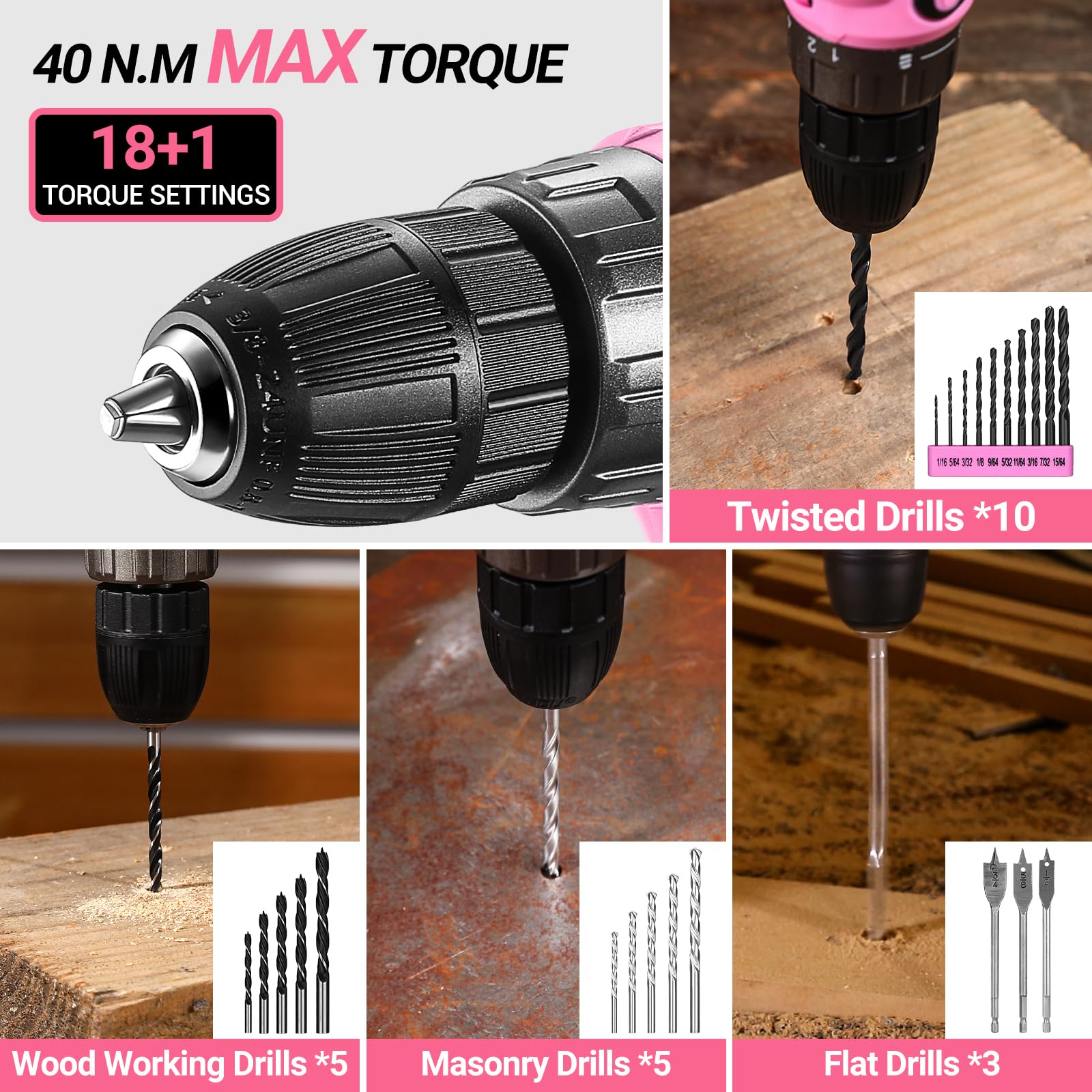 Pink Power Drill Tool Kit Set: 20V Cordless Electric Drill, Driver, Tool Box with Battery