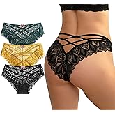 AUTUCAU Sexy Cheeky Underwear for Women Lace Floral Bikini Criss Cross Seamless Panties Ladies Cute Hipster Briefs 3-Pack