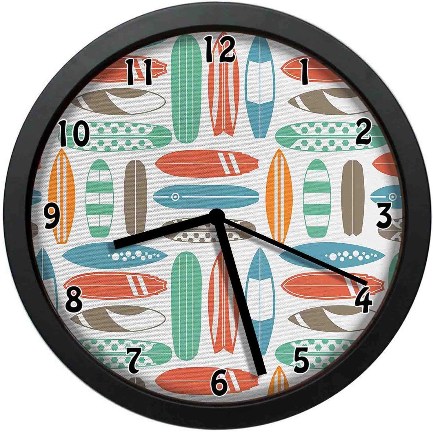 Amazon レトロな色の夏の旅行イラストのカラフルなサーフィン海パターンホーム オフィス スクールミュート ダニなし 黒い柱時計 12インチ 30cm 置き時計 掛け時計 オンライン通販