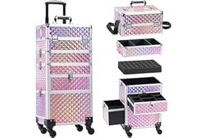 Somduy Rolling Makeup Case with Drawer, Makeup Train Case, 4 in 1Cosmetology Case on Wheels, Christmas Gift, Large Makeup Case Organizers, Profesional Cosmetic Case for Salon Barber, Pink