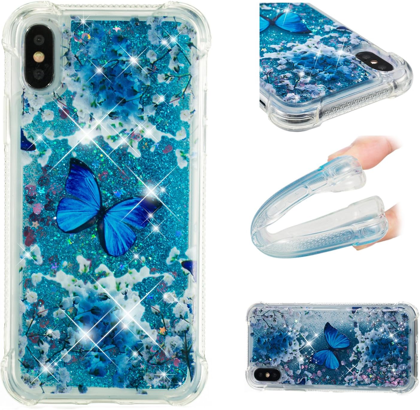 Monstek iPhone 8/7 Case, iPhone SE2 Case Bling Glitter Liquid Floating Sand Sparkle Luxury Case Clear TPU Protective Cover Girl Women for iPhone SE2 2020/6 / 6S / 7/8, Blue Butterflies