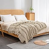 Ultra Soft Pre-Washed Quilted Boho Beige King Size Blankets for Bed, Ruffle Fringed Decorative Throw, Stone Washed Chic Rustic Blanket for Sofa Couch Bed, 104"*90"