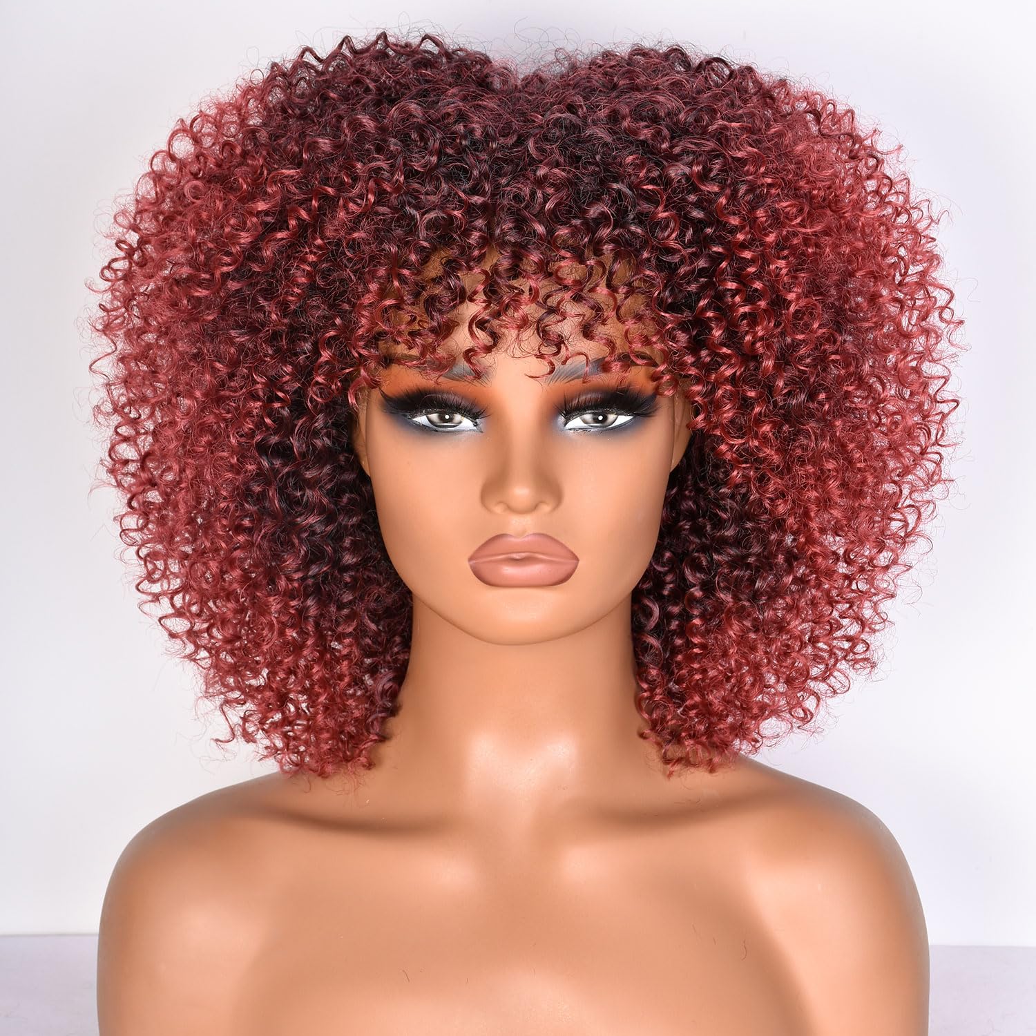 Lizzy 10 Inch Afro Curly Wigs for Black Women Synthetic Afro Wig with Bangs Heat Resistant Short Kinky Curly Wigs for Cosplay and Daily (ombre red)