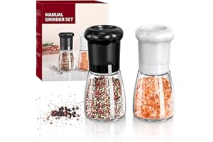 CIRCLE JOY Manual Salt and Pepper Grinder Set For Professional Chef, Refillable Salt and Pepper Shakers with Ceramic Blades, Adjustable Coarseness and BPA-free 180ml Glass Container, Short Black White