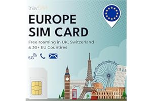 travSIM Europe SIM Card | 12GB Data with 4G/5G speeds | Unlimited Calls | Use in The UK, Switzerland & 30+ EU Countries | Plan on SIM Card for Europe is Valid for 30 Days