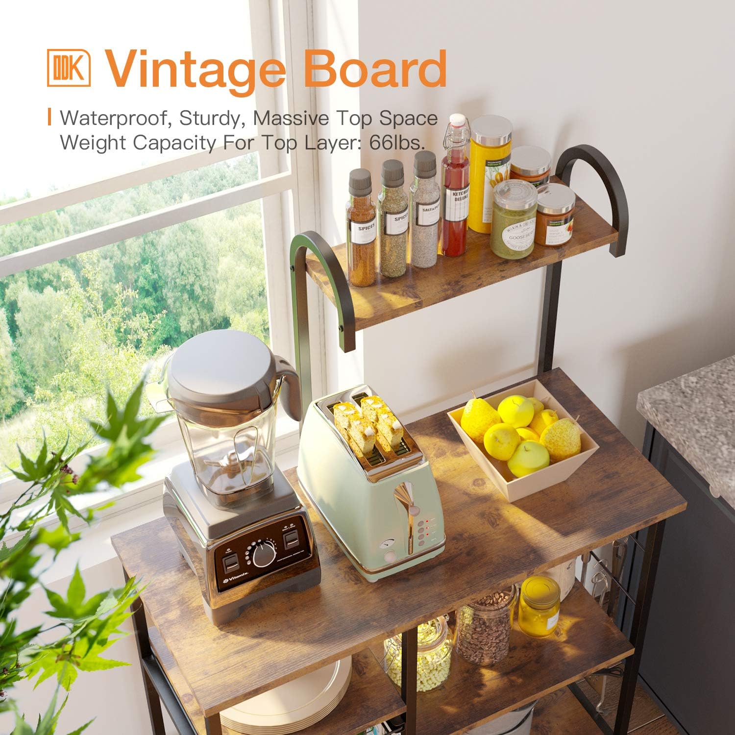 ODK Kitchen Bakers Rack, Utility Storage Shelf Microwave Oven Stand, 3-Tier+4-Tier Coffee Bar Table with 10 S-Shape Hooks, for Spice Rack Organizer Workstation, Metal Frame, Vintage Brown - Standing Baker's Racks