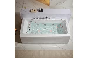 Empava Acrylic Whirlpool Bathtub, 71-Inch Jetted Bathtub with Healing Chromotherapy, Heated Soaking Tub with LED Control Panel, Comforting Hydro Massage Tub with Waterfall Joy, Black Pillow